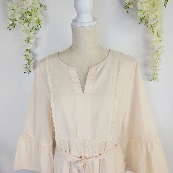 New MEROKEETY Midi Dress Medium Cream Tie Waist Bell Sleeve Cottagecore Milkmaid - Picture 7 of 13